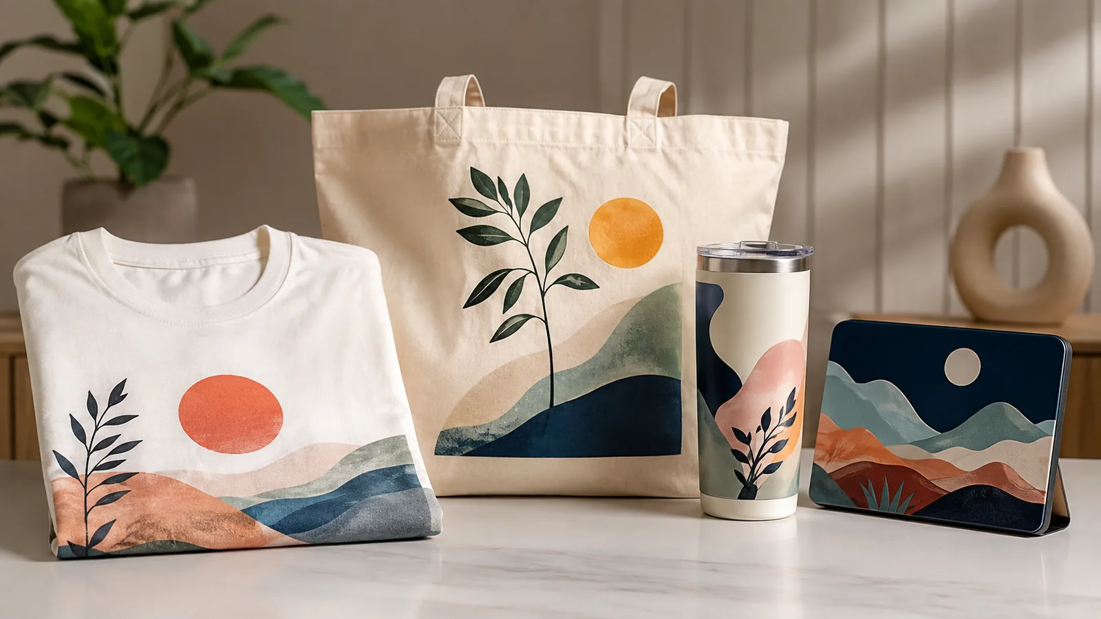Branded tote bag, T-shirt, tumbler and tablet case showing colourful surface applications