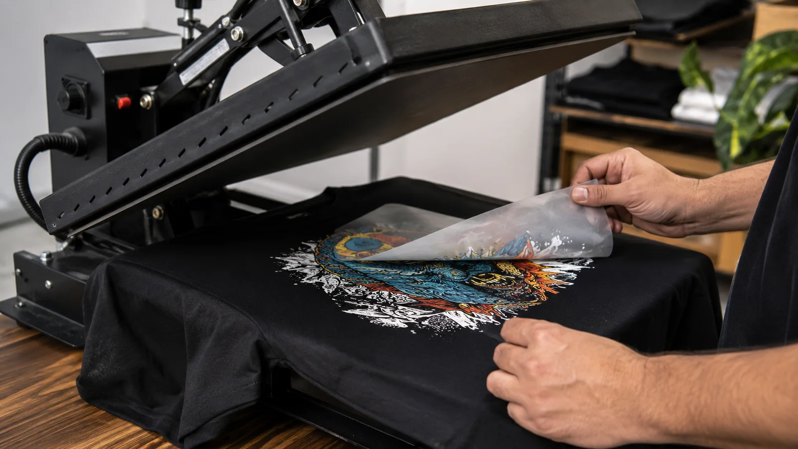 DTF transfer being applied to a black garment on a heat press