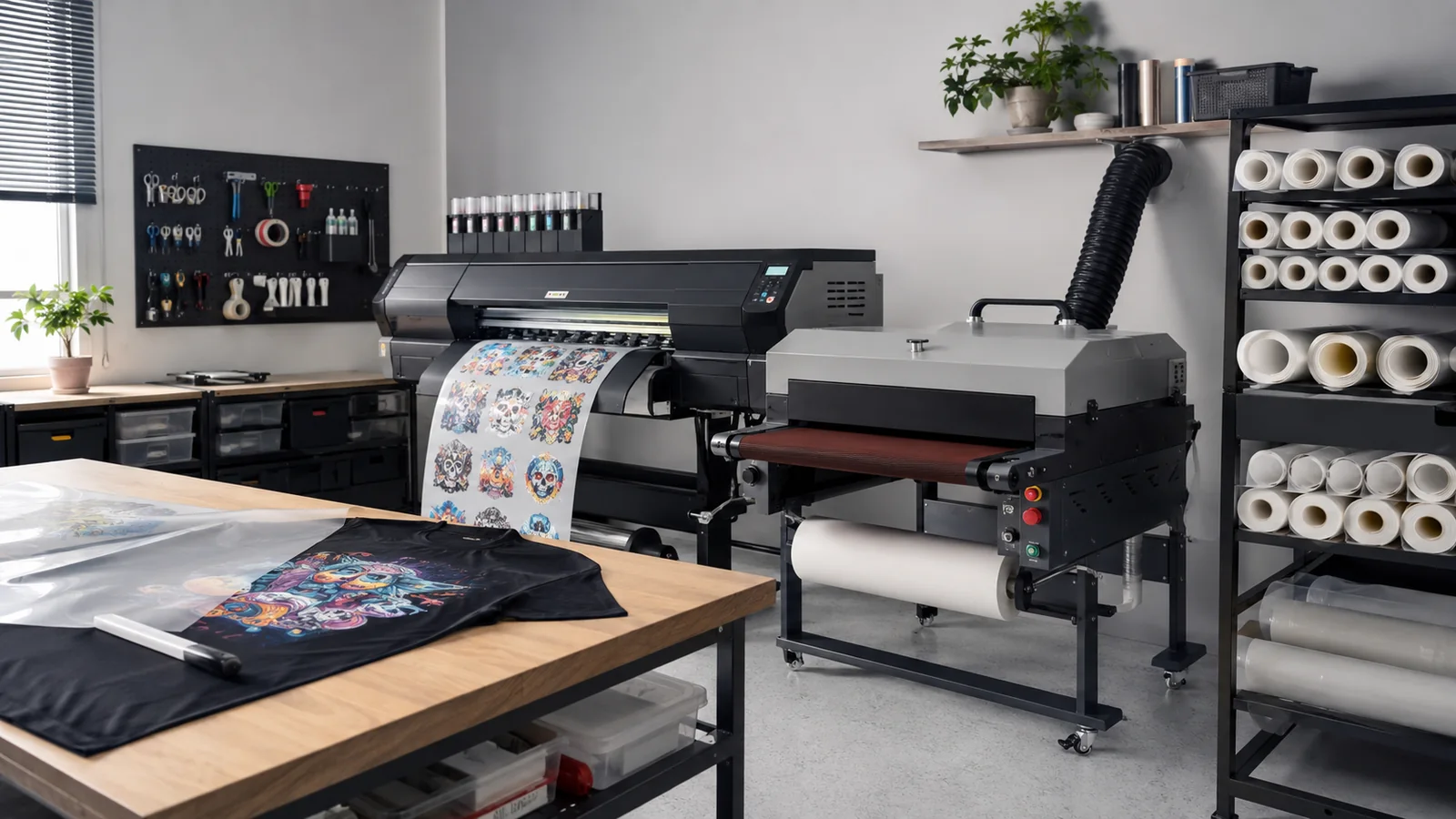 Professional DTF printing and curing equipment in a clean production workspace